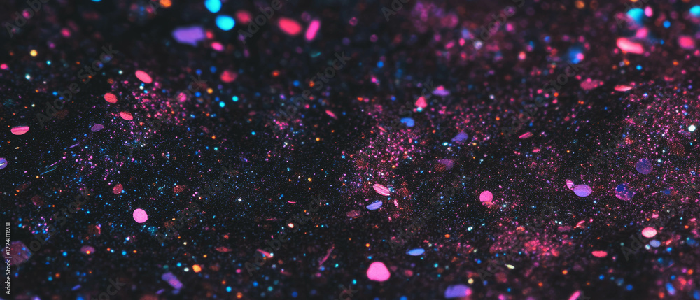 Poster sparkling glitter texture with colorful particles on a dark background for festive designs