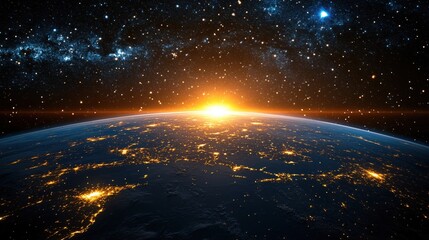 Earth view from space with bright sunrise and starry sky showing city lights at night
