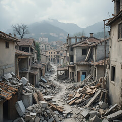 A street in a village is destroyed by a natural disaster