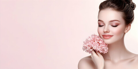 Naklejka premium Beautiful Woman Holds Pink Flowers Gently Against Her Face on a Pink Background