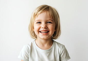 Portrait of a cute smiling girl of 6-7 years old on a light background