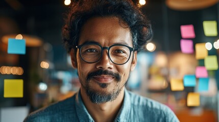 Fototapeta premium Portrait of a Smiling Man in a Creative Workspace Surrounded by Colorful Sticky Notes, Reflecting a Vibrant Office Environment and Collaborative Atmosphere
