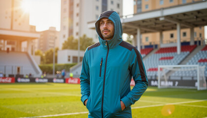 Focused athlete in sporty hooded jacket at training field, dedication