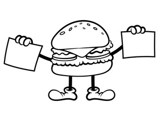 Hamburgers cartoon characters carrying signboard for Big sale. Best for outline, logo, sticker, and coloring book with streetfood themes