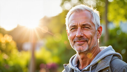 Relaxed senior man smiling in retirement community garden, joyful living