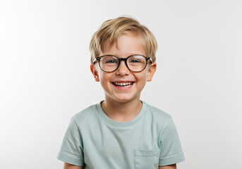 Portrait of a laughing boy of 6-7 years old in a T-shirt on a light background