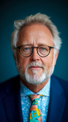 Obraz premium Portrait of a mature man with glasses and a patterned tie, against a teal backdrop