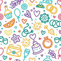 Colorful doodle seamless pattern with wedding elements.