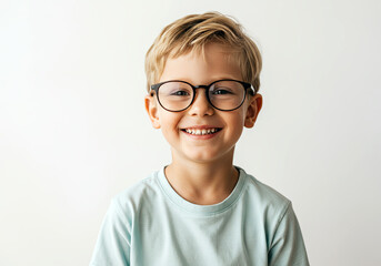 Fototapeta premium Portrait of a laughing boy of 6-7 years old in a T-shirt on a light background
