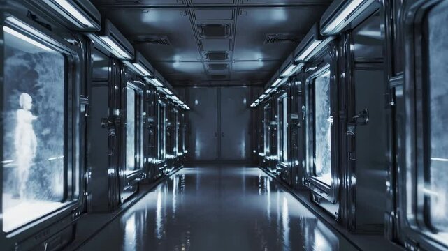Cryogenic chambers containing astronauts line a futuristic corridor in a spaceship or space station, suggesting suspended animation or long term space travel