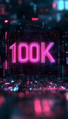 Fototapeta premium Glowing Digital 3D Number 1000K on Futuristic Abstract Background in Pink Neon Light