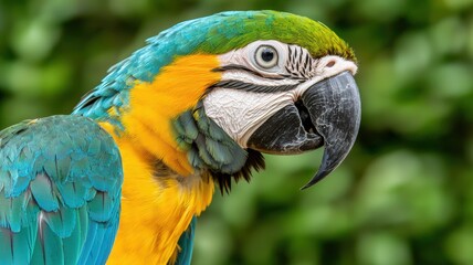 Fototapeta premium Colorful Parrot Close-Up with Tropical Foliage Background in Vivid Detail