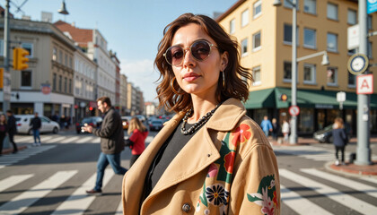 Fototapeta premium Confident young Hispanic woman wearing fashionable trench coat in busy city, urban style