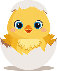 Cute little chick in cracked egg vector graphic illustration. Easter themed, yellow chicken cartoon with cracked eggshell, isolated on orange. Vector illustration in flat design