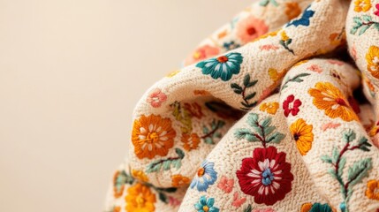 Close-Up of Elegant Floral Embroidery on Soft Fabric, Showcasing Delicate Patterns and Vibrant Colors for Textile Design Inspiration