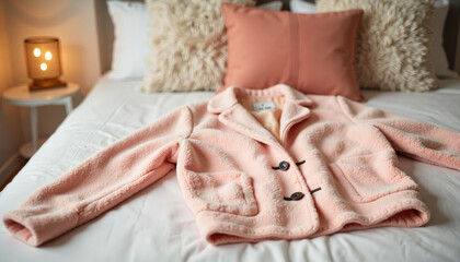 Pastel jacket laid on bed in bohemian bedroom, cozy fashion concept