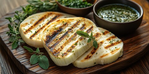 Grilled halloumi cheese with fresh herbs and green sauce on a rustic wooden board close up