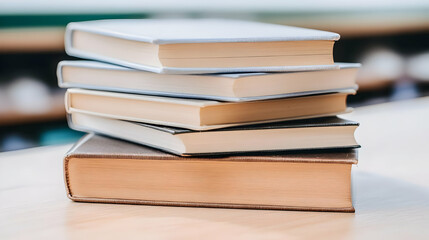 Stack of Books Sit on a Wooden Table in a Blurred Library Setting, Ready for Reading.