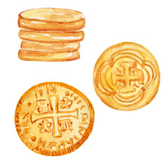 Watercolor Hand-Painted and Hand Drawn Illustration of Two Doubloons and a Pile of Coins. Perfect for Pirate Art, Treasure Nautical Decor, Coastal Art, Stickers, Prints, Posters, Invitations, isolated