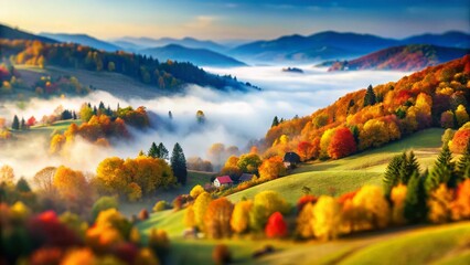 Obraz premium Misty Autumn Mountain Landscape: Breathtaking Tilt-Shift Wallpaper Background
