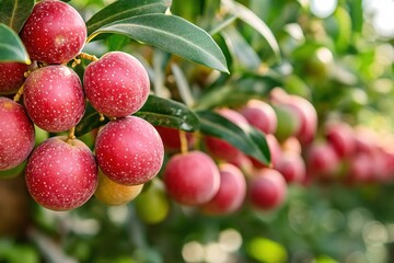 Obraz premium Close up of red fruits with white spots hanging from a tree branch with green leaves
