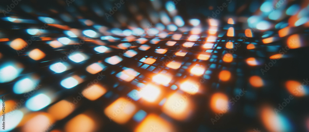 Poster Dynamic light bokeh texture with square shapes on a dark background creating an intriguing pattern