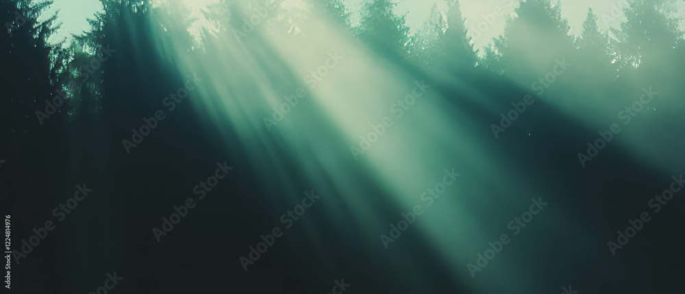 Poster Light filters through fog creating a diffused atmosphere over dark trees at dusk