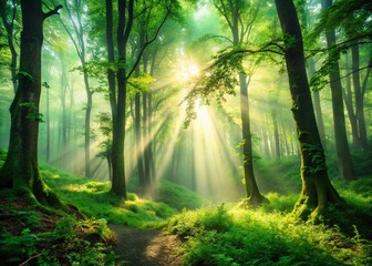 Obraz premium Misty Green Forest: Vintage-Style Foggy Woodland Landscape Stock Photo