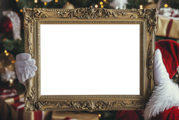 Santa Claus holding white frame in his hands . Christmas, holiday, festive themes, background with copy space. blank framed board ready for your message or artwork