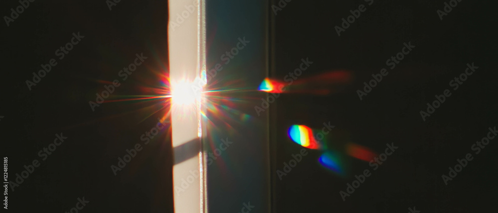 Poster Light leaks through a window, creating atmospheric effects and lens flares on a dark background