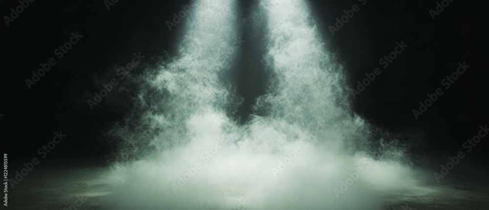 Poster Light rays penetrate dust creating an atmospheric effect on a dark background