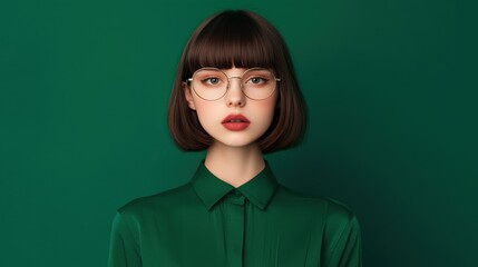 Portrait of a Young Woman with Bob Haircut Wearing Glasses Against a Green Background