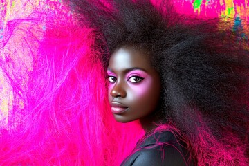 Fototapeta premium Long hairdo - gorgeous bush hair. Commercial digital ads conceptual art. Gorgeous calm black girl - for ads, advertisement and web banner use. African beauty portraits. Woman advertising.