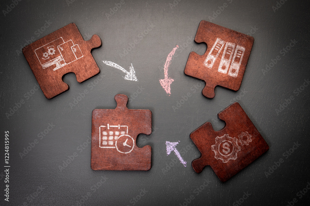 Canvas Prints audit concept. wooden puzzle pieces with text on a dark office table