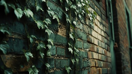 Ivy climbing a weathered brick wall, showcasing deep greens and earthy tones. Perfect for illustrating themes of nature reclaiming urban spaces, or concepts of growth and resilience.