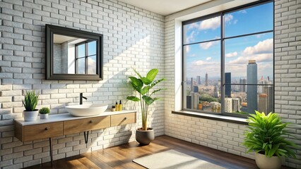 Fototapeta premium Modern Bathroom Interior Design: White Brick Wall, City View, Concrete Vanity