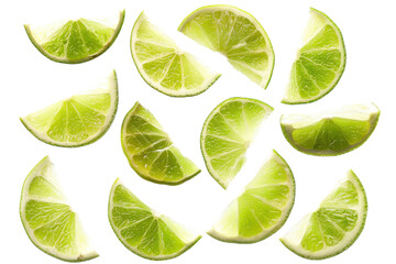 Vibrant green lime wedges artfully scattered on a bright background inviting freshness and zest for culinary creativity isolated on transparent background