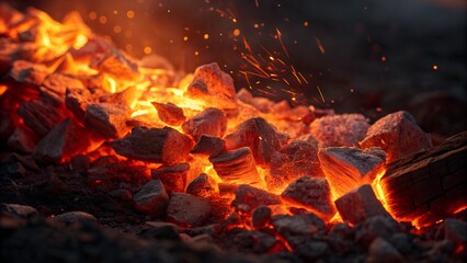 close up fire burning coals in fireplace