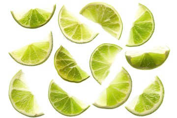 Vibrant green lime wedges artfully scattered on a bright background inviting freshness and zest for culinary creativity isolated on transparent background