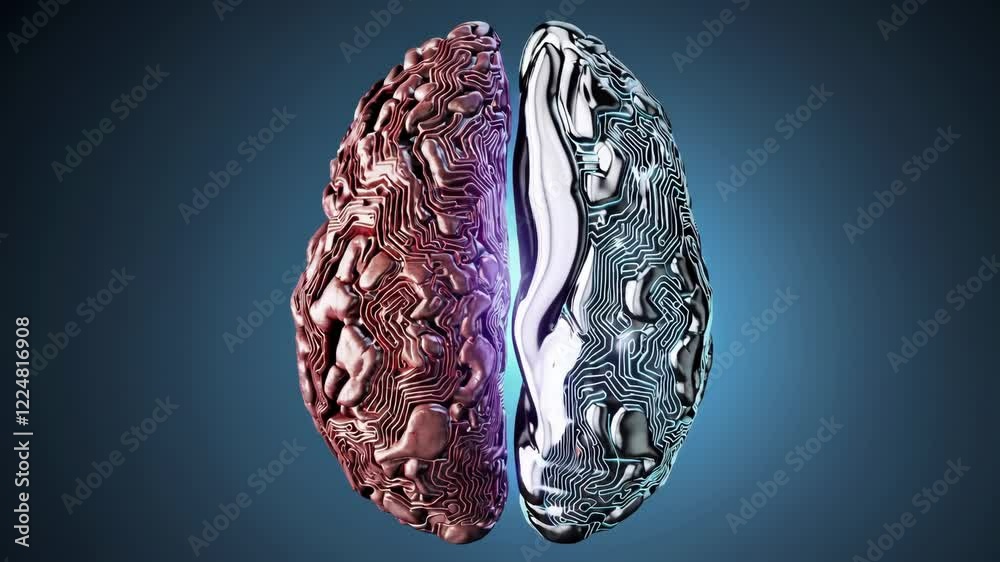 Aufkleber split-view brain merging biological tissue and metallic plates, highlighting the fusion of organic a