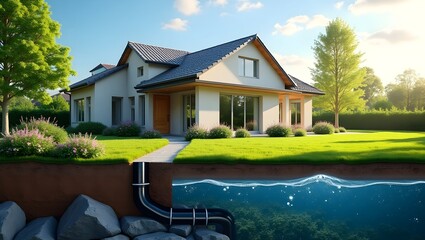 House with underground plumbing pipe installation, showcasing essential infrastructure
