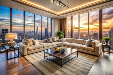 Fototapeta premium Modern Beige Sectional Sofa Living Room with Stunning City Skyline View - Drone Photography