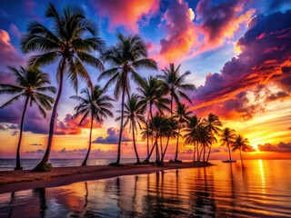 Obraz premium Silhouetted palms frame a vibrant tropical sunset over tranquil, calm ocean waters.