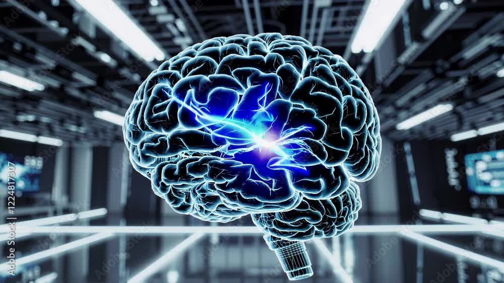 Aufkleber split-view brain merging biological tissue and metallic plates, highlighting the fusion of organic a