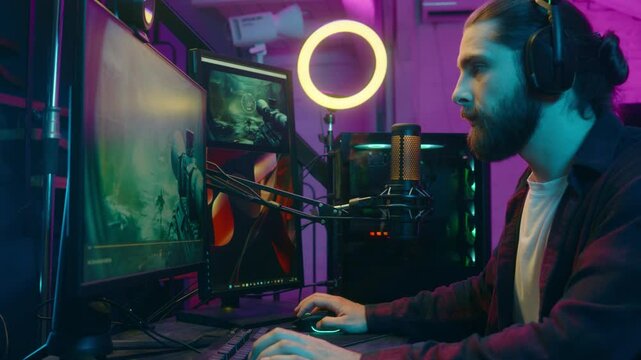 Caucasian gamer man addict puzzled influencer streaming play videogame blog computer screen surprise confused male guy blogger removing headphones shock scam losing game cheat e-sport problem at home