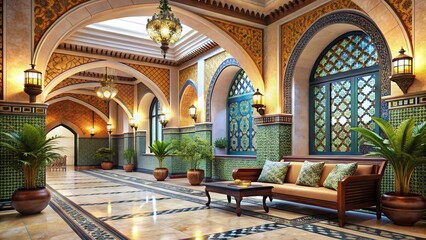 Obraz premium Modern Eastern Lobby Interior Design: Empty White Hallway with Stucco Walls, Arches, and Ceramic Tiles