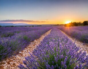 Naklejka premium Scenic Sunset Over Violet Lavender Fields in Provence, France, Capturing Summer's Blooming Beauty