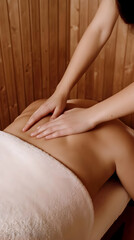 Fototapeta premium Therapist Gives Relaxing Back Massage in Wooden Sauna Room with Soft Lighting Gently