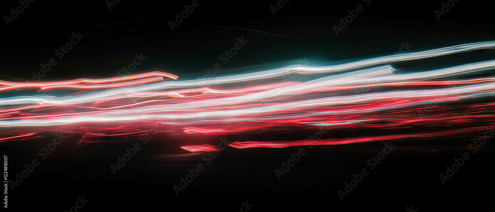 Poster Bright light trails create dynamic motion against a black background with lightning overlay texture