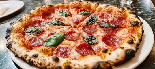 Close up of Delicious Pizza with Mozzarella Cheese, Sliced Pepperoni, Spices and Fresh Basil